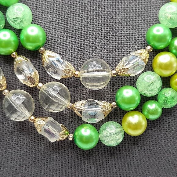 Vintage Green Faux Pearl Clear Bead Necklace, 1950s, Three Strands, 18" - Picture 4 of 13